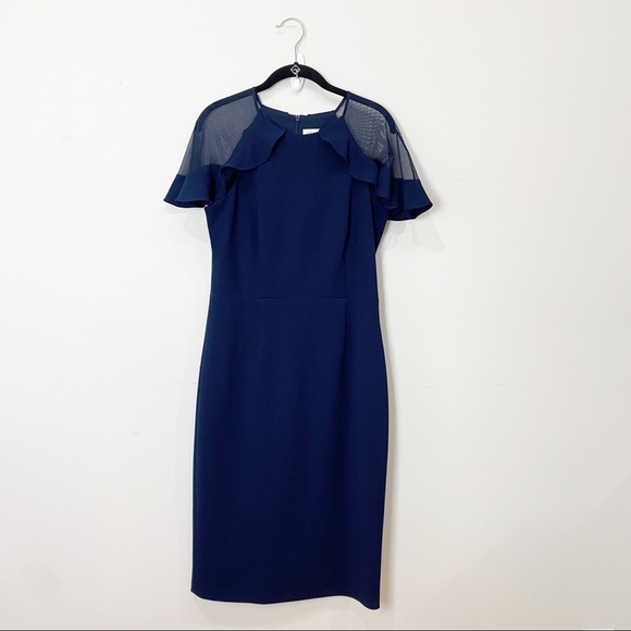 Eliza J Ruffle Shoulder Cocktail Dress Navy Scuba Crepe Wedding Evening Party - Picture 6 of 14